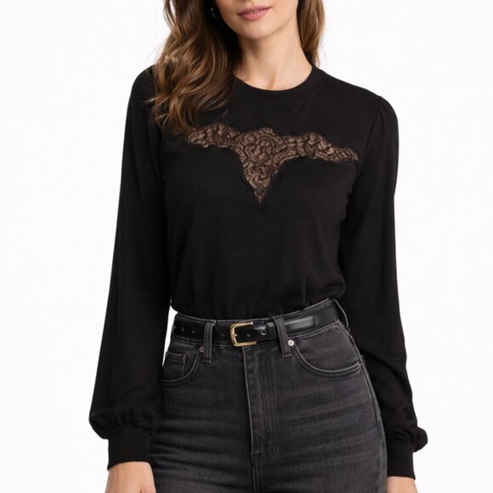 Cami NYC Adalynn Top Women's XS Black Lace Jersey Long Sleeve Crew Neck Blouse